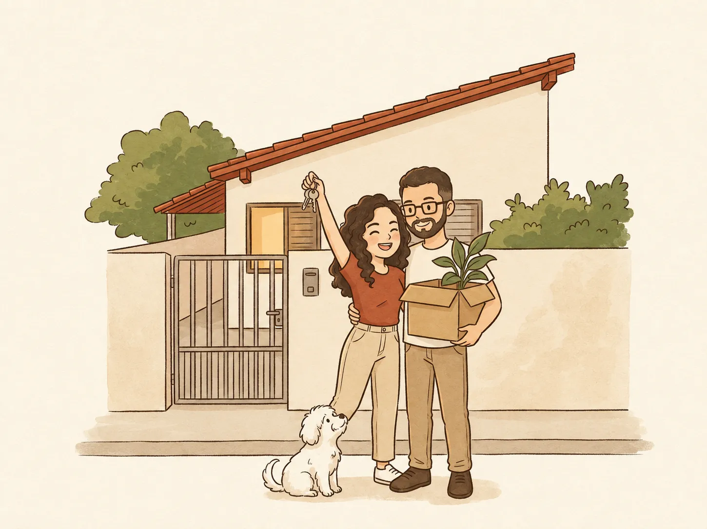 Ilustração de nós dois com Frederico em frente à nossa nova casa